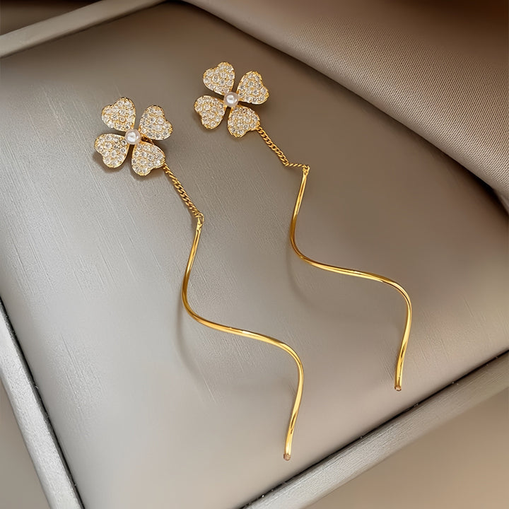Four-Leaf Clover and Zirconia Flower Threaded Earrings