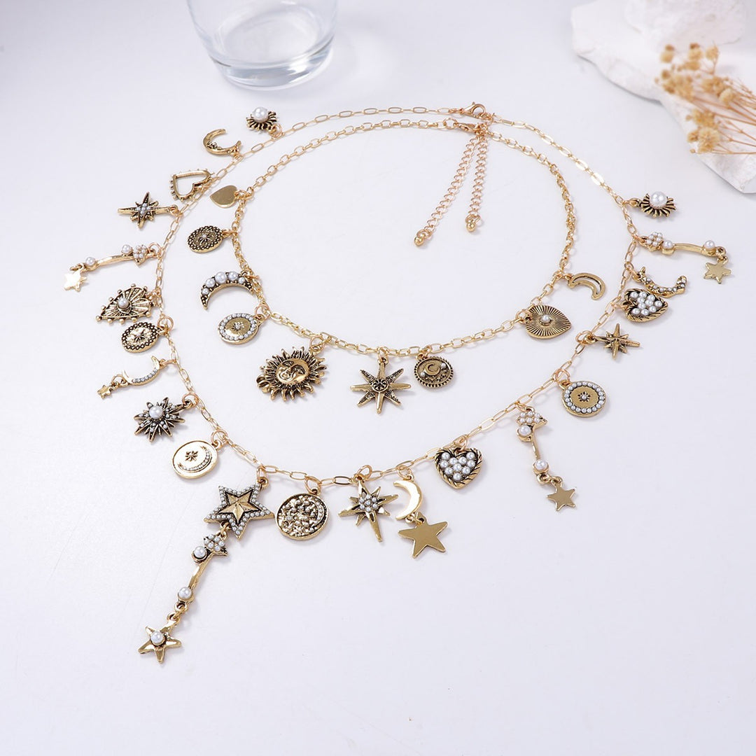 Sun Moon Star Pearl Pendant Necklace Set