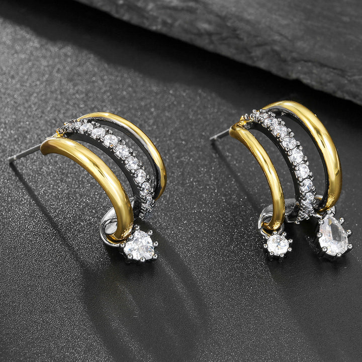 Three Layer Curved Hoop Zircon Drop Earrings