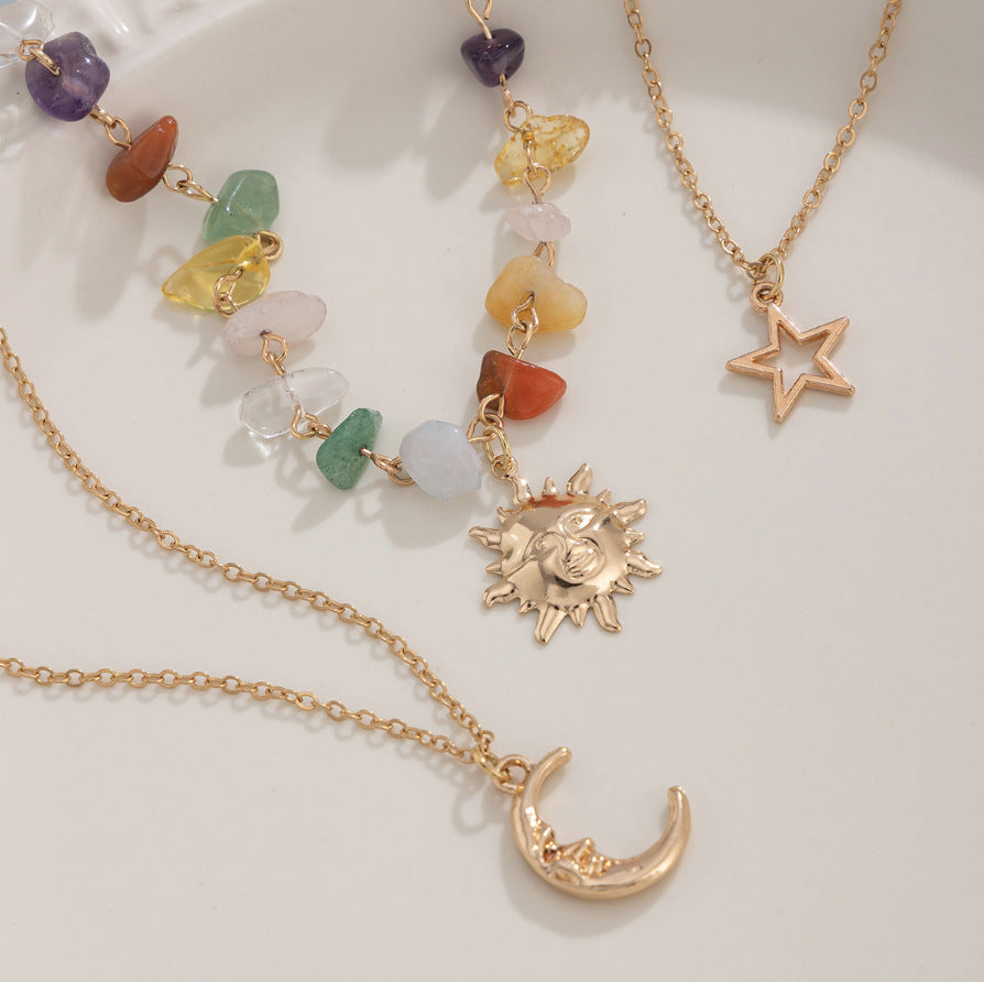 Sun Moon Star Layered Chakra Stone Necklace