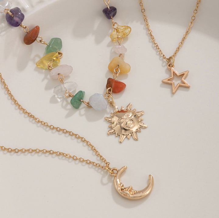Sun Moon Star Layered Chakra Stone Necklace