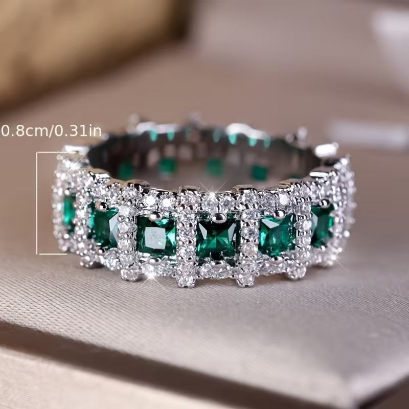 Green Square Zircon Full Eternity Band Women Ring