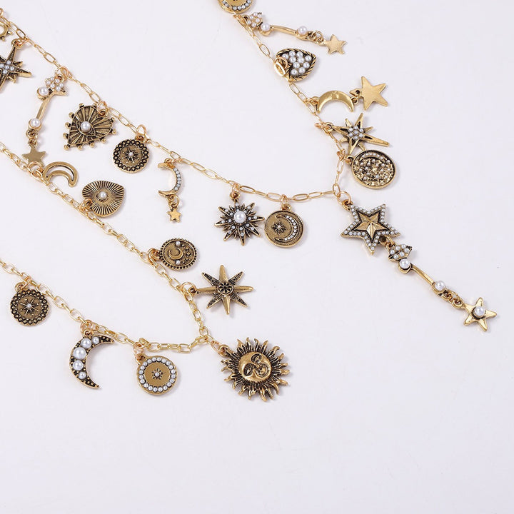 Sun Moon Star Pearl Pendant Necklace Set