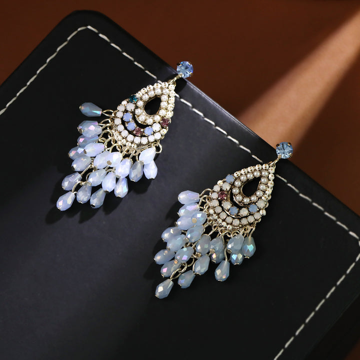 Blue Beaded Tassel Drop Earrings