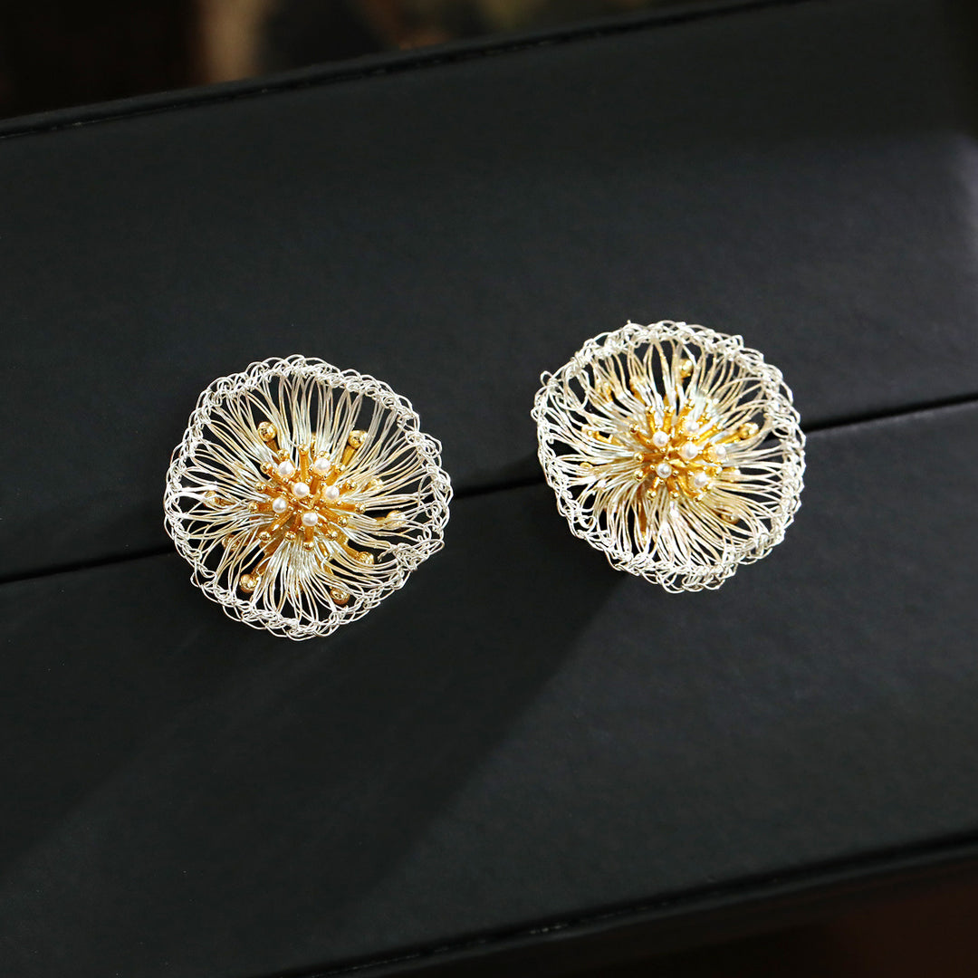 Handwoven Dandelion Pearl Stud Earrings