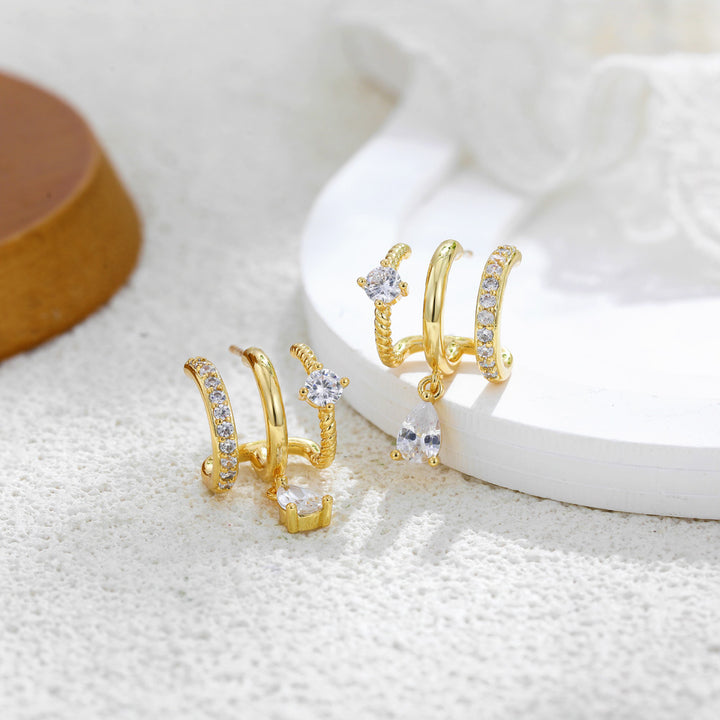Triple Hoop Teardrop Zircon Drop Earrings Daily Wear