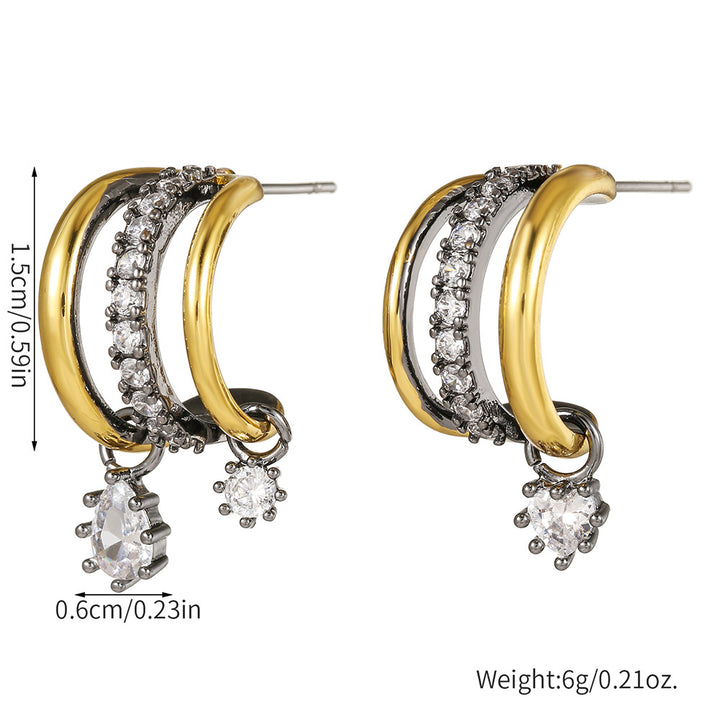 Three Layer Curved Hoop Zircon Drop Earrings