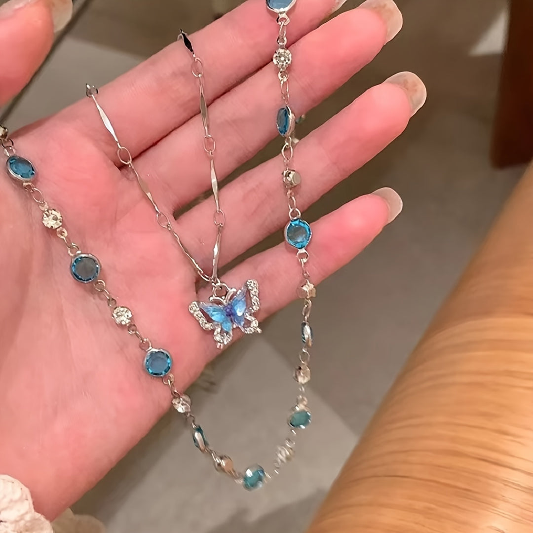 Blue Butterfly Double-Layer Anklet Necklace