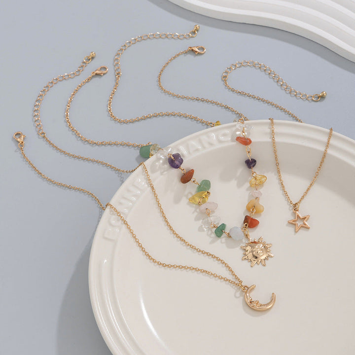 Sun Moon Star Layered Chakra Stone Necklace