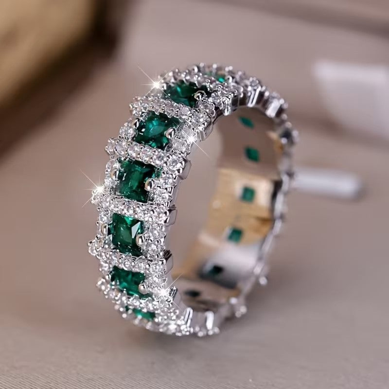 Green Square Zircon Full Eternity Band Women Ring