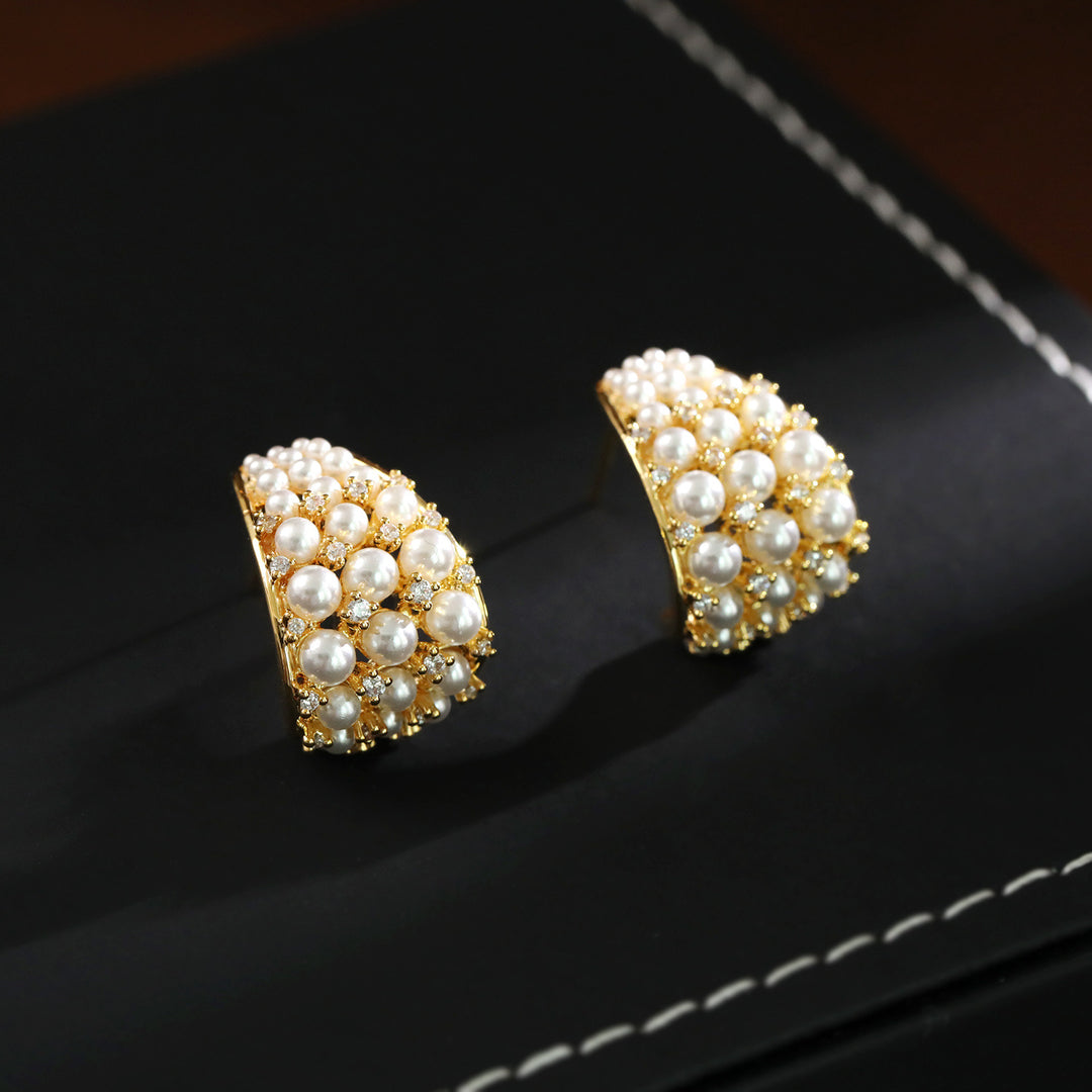 Pearl Cluster Curved Stud Earrings