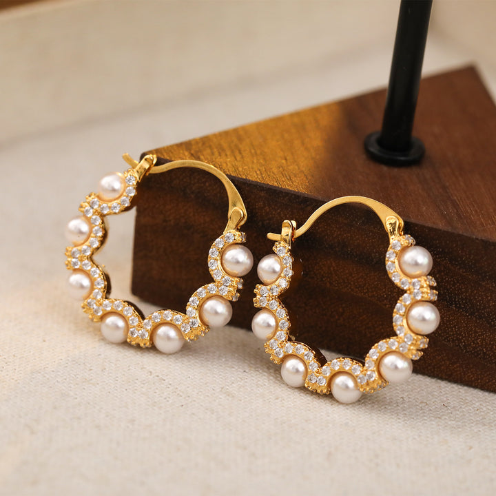 Pearl and Zircon Scalloped Hoop Earrings