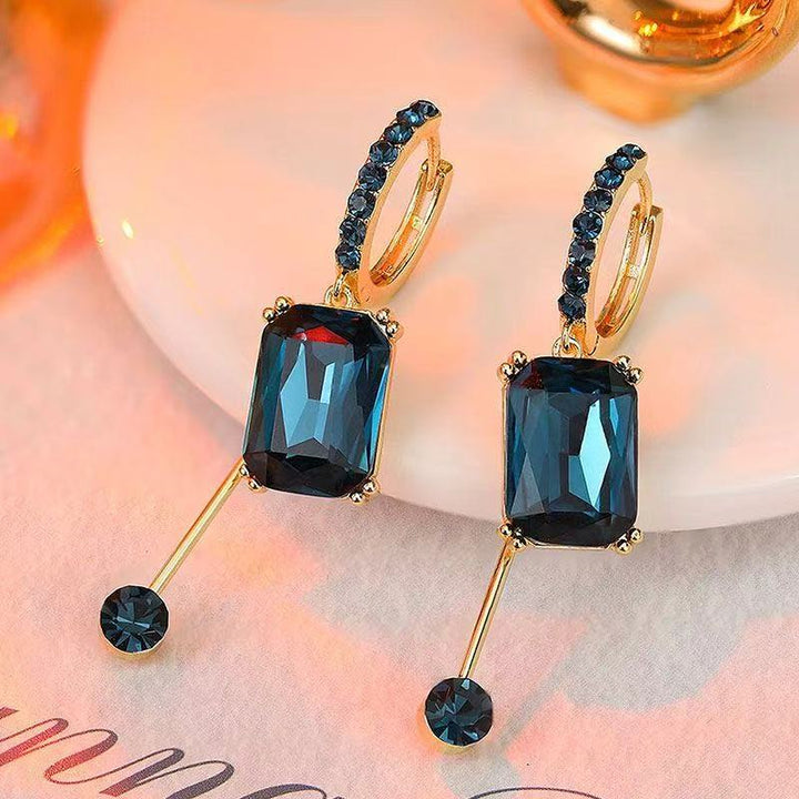 Navy Blue Rectangle Zircon Drop Hoop Earrings