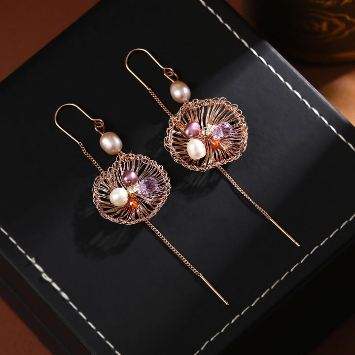 Woven Pearl Dandelion Threader Earrings