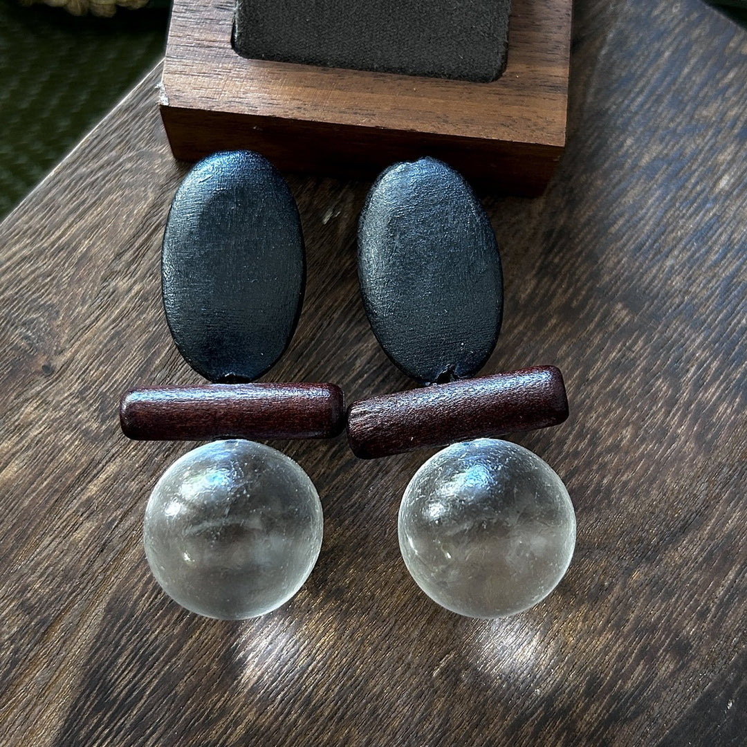 Artisan Wood and Clear Ball Drop Earrings