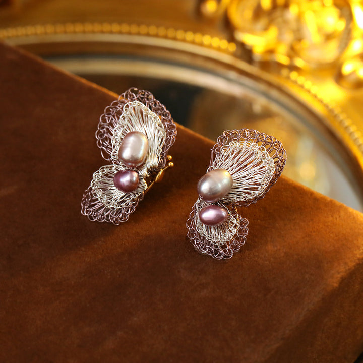 Handwoven Pearl Butterfly Earrings