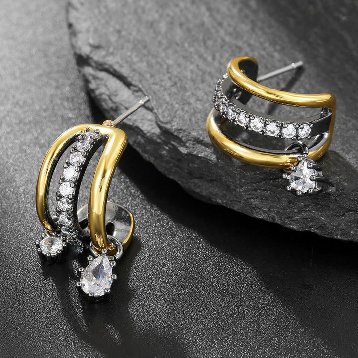Three Layer Curved Hoop Zircon Drop Earrings