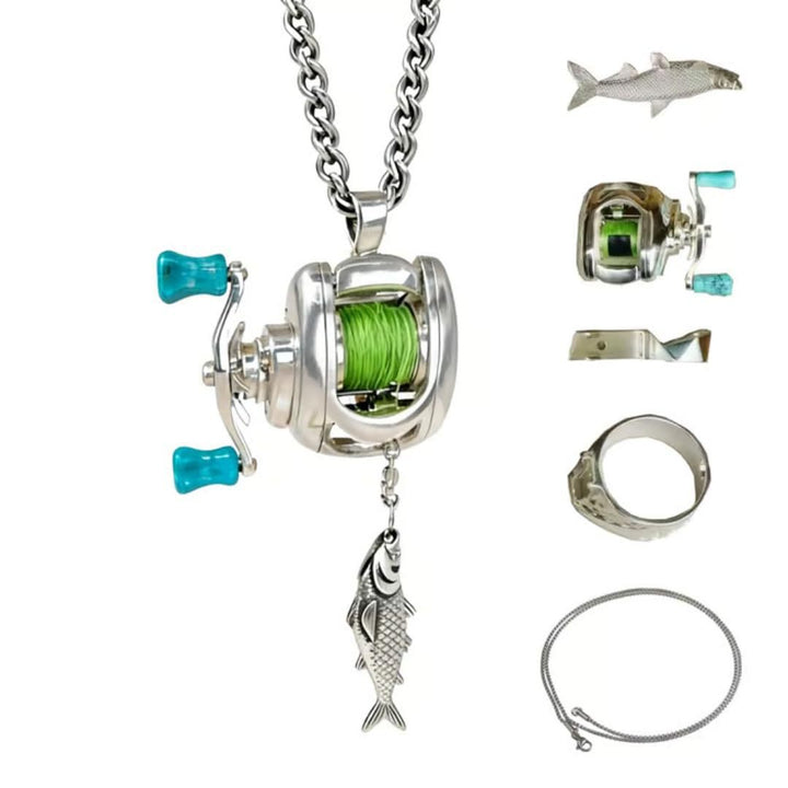 Mini Fishing Reel Jewelry Necklace Ring Set
