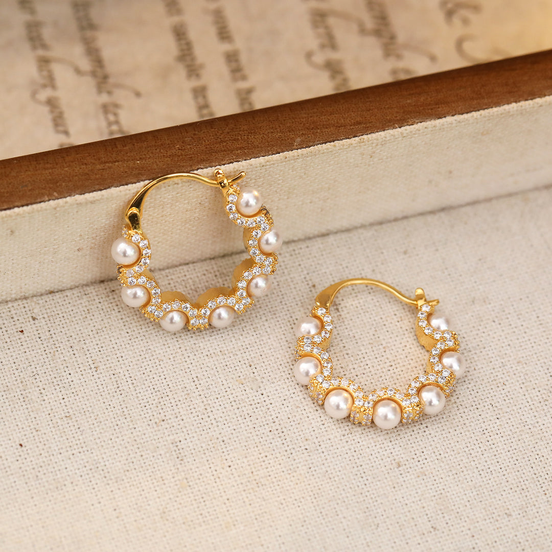 Pearl and Zircon Scalloped Hoop Earrings
