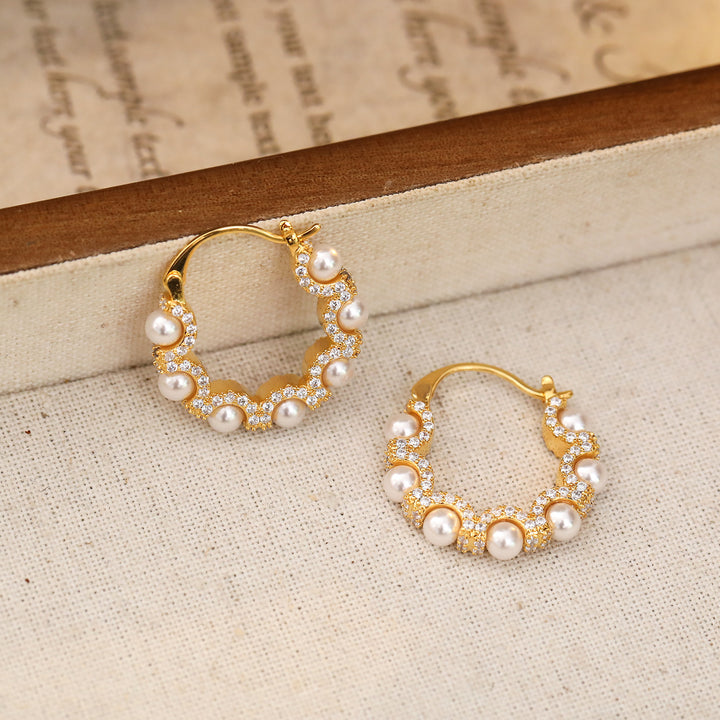 Pearl and Zircon Scalloped Hoop Earrings