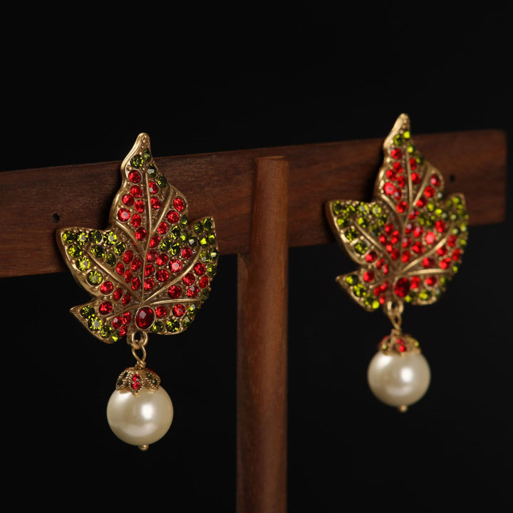 Maple Leaf Inlaid Pearl Dangle Earrings
