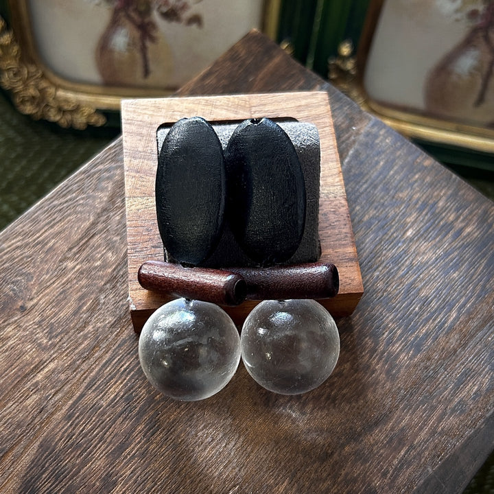 Artisan Wood and Clear Ball Drop Earrings