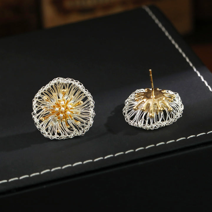 Handwoven Dandelion Pearl Stud Earrings