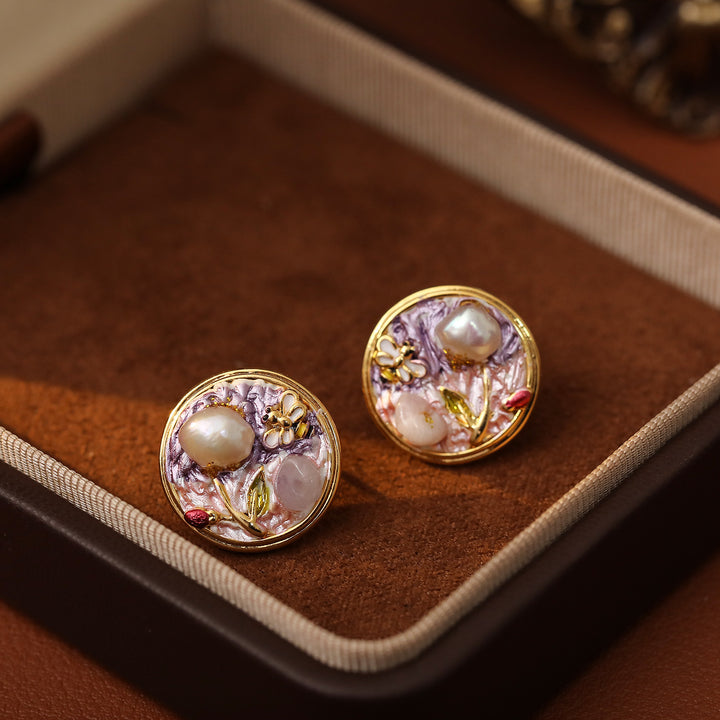 Violet Garden Pearl Stud Earrings