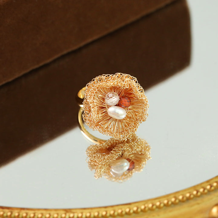 Handwoven Pearl Flower Statement Ring