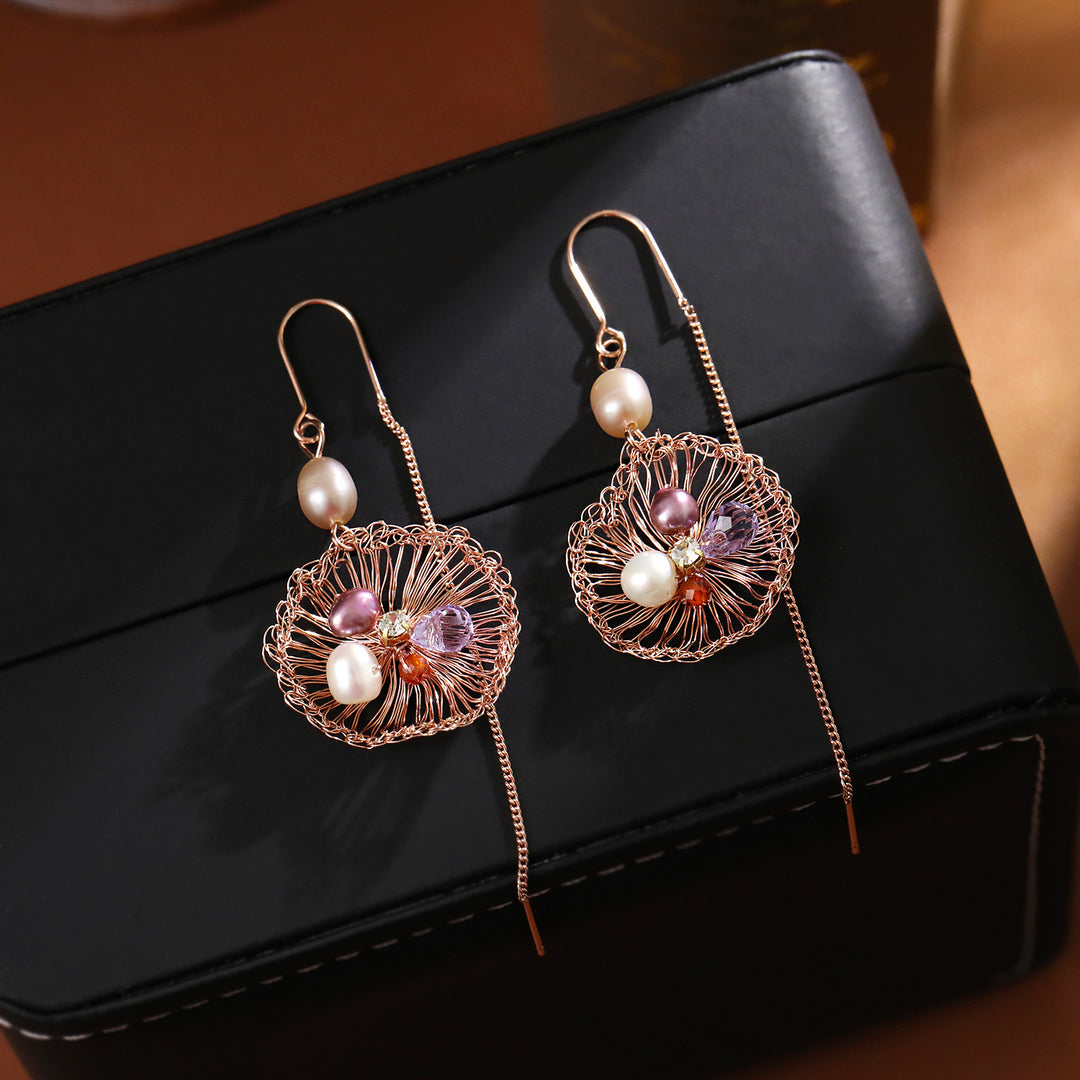 Woven Pearl Dandelion Threader Earrings