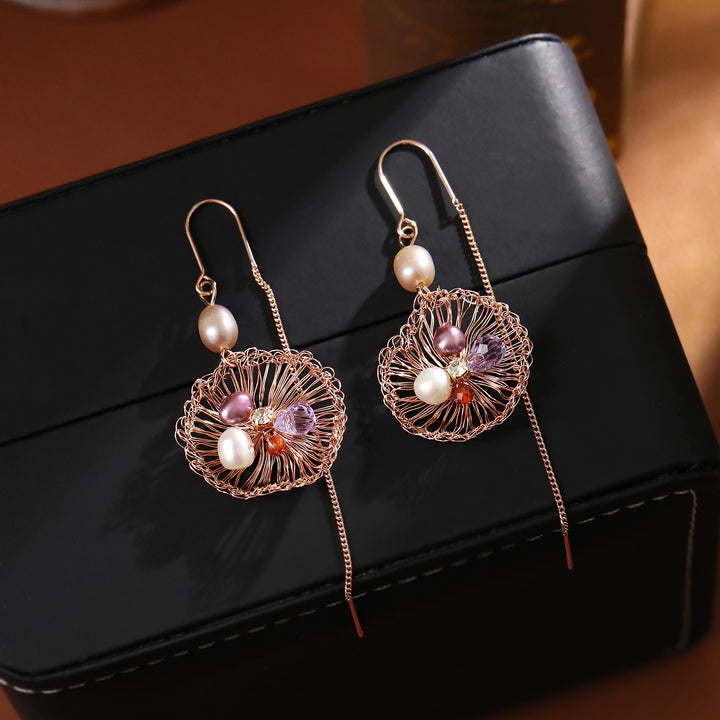 Woven Pearl Dandelion Threader Earrings