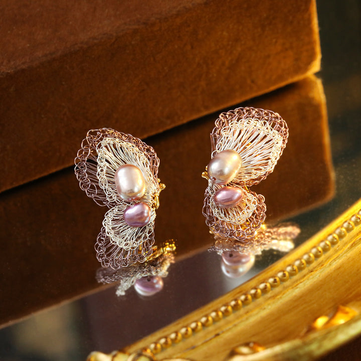 Handwoven Pearl Butterfly Earrings
