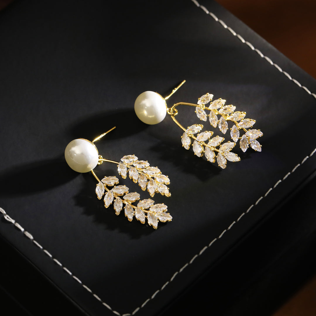 Pearl Wheat Leaf Drop Earrings