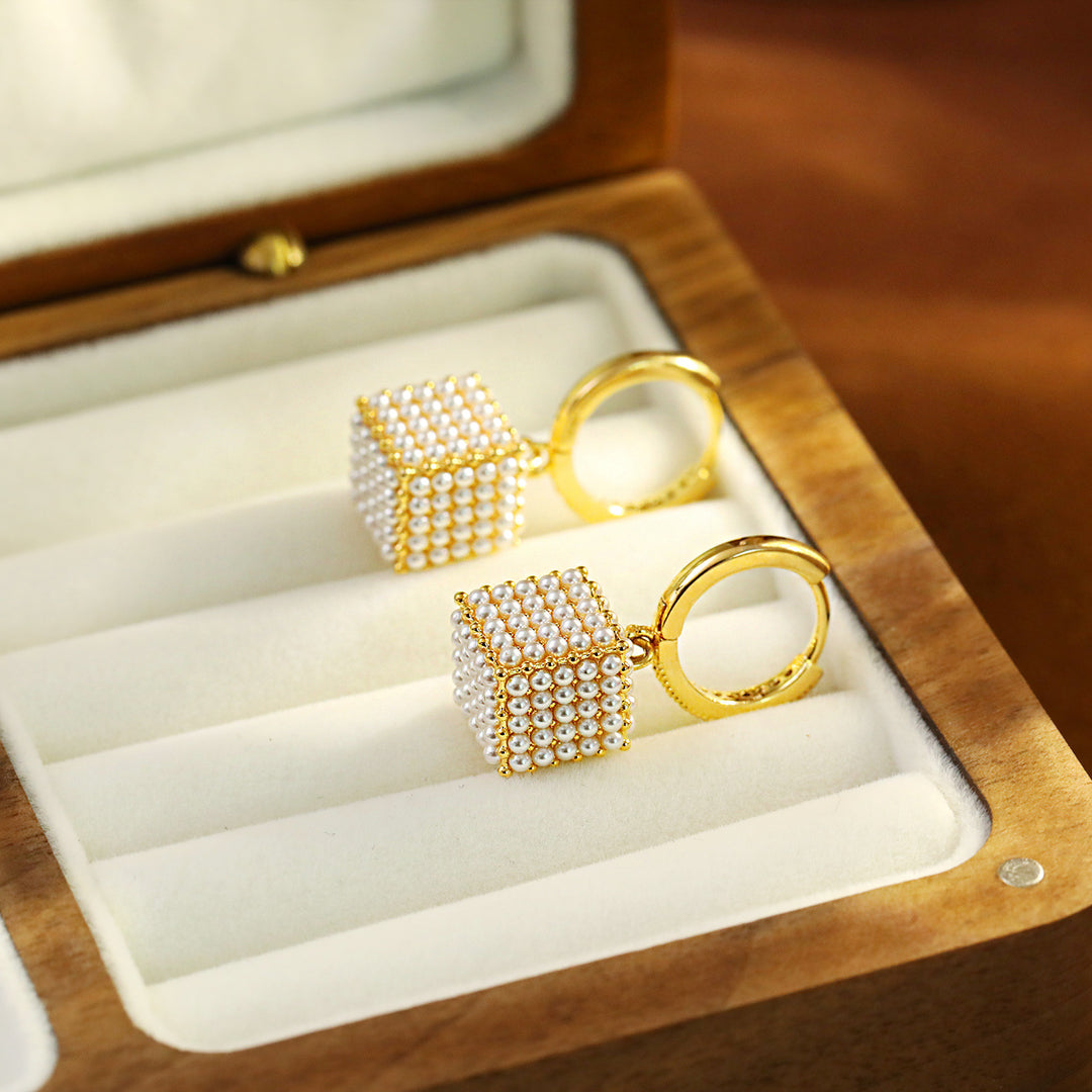Pearl Cube Huggie Drop Earrings