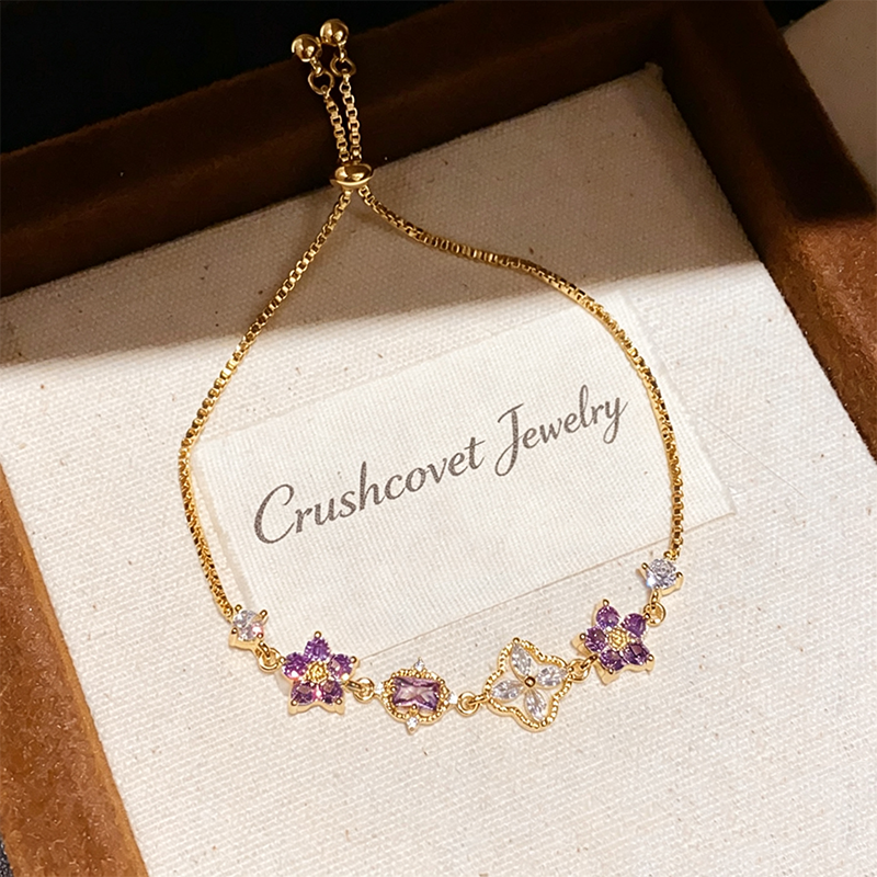 Purple Floral Slide Adjustable Bracelet Daily Stack