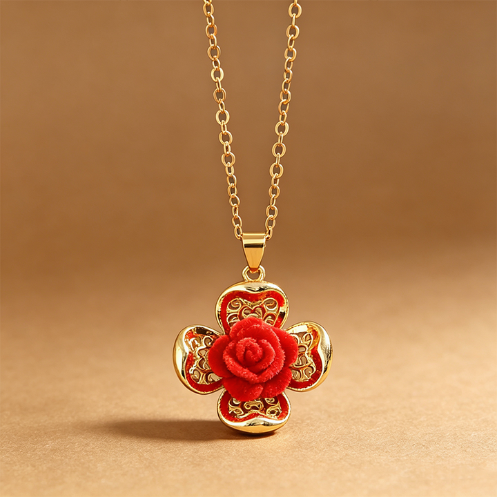 Gold Plated Velvet Red Rose Clover Necklace