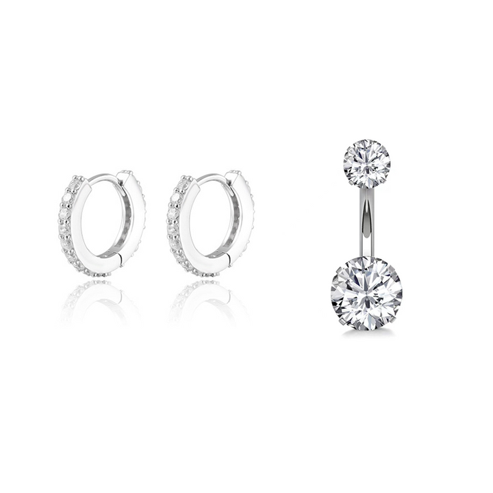 Paved Zircon Huggie Hoop Earrings Double Gem Belly Button Piercing Jewelry Set
