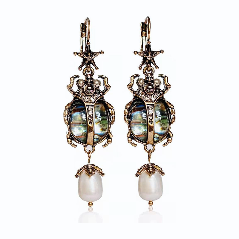 Scarab Abalone Halloween Drop Earrings