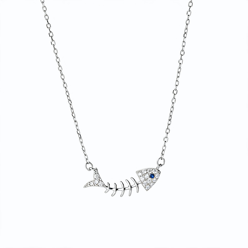 Fashion Inlaid Zircon Fish Bone Necklace