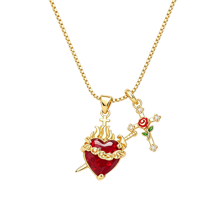 Sacred Heart Rose Cross Multi Charm Necklace