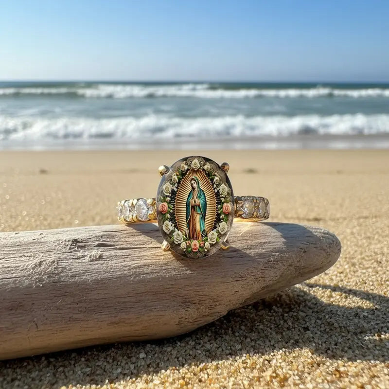 Guadalupe Virgin Floral Oval Print Ring