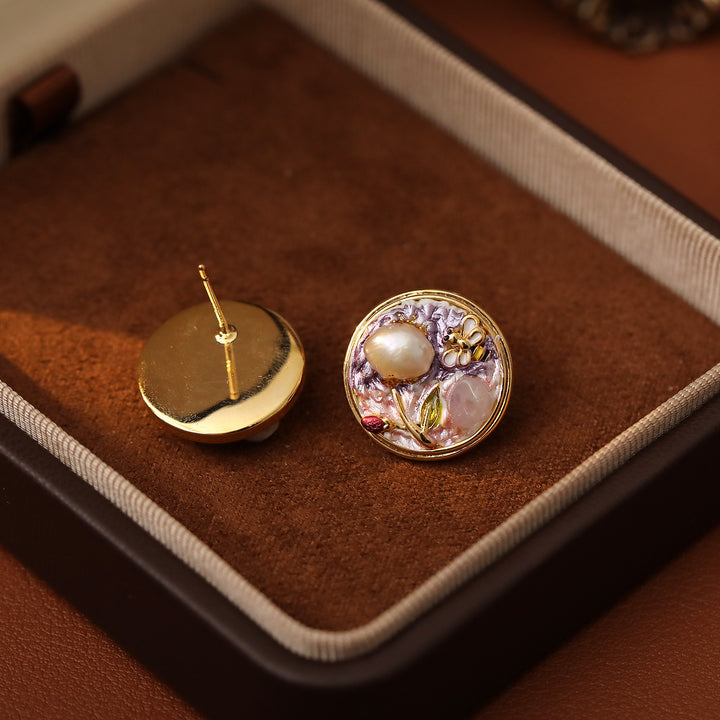 Violet Garden Pearl Stud Earrings