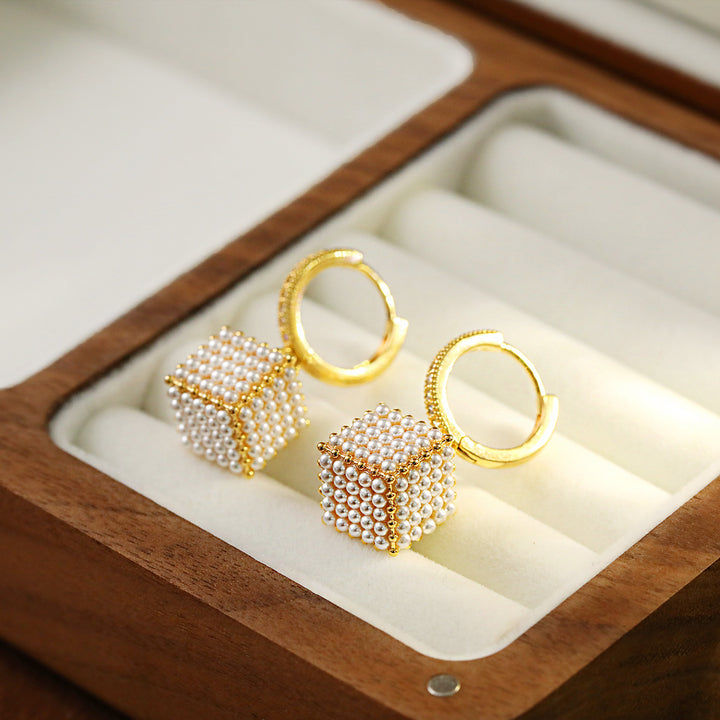 Pearl Cube Huggie Drop Earrings