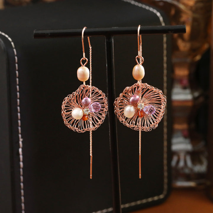 Woven Pearl Dandelion Threader Earrings