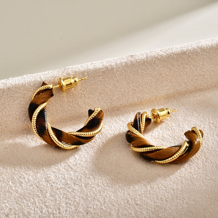 Leather Cord Wrapped C Shape Hoop Earrings