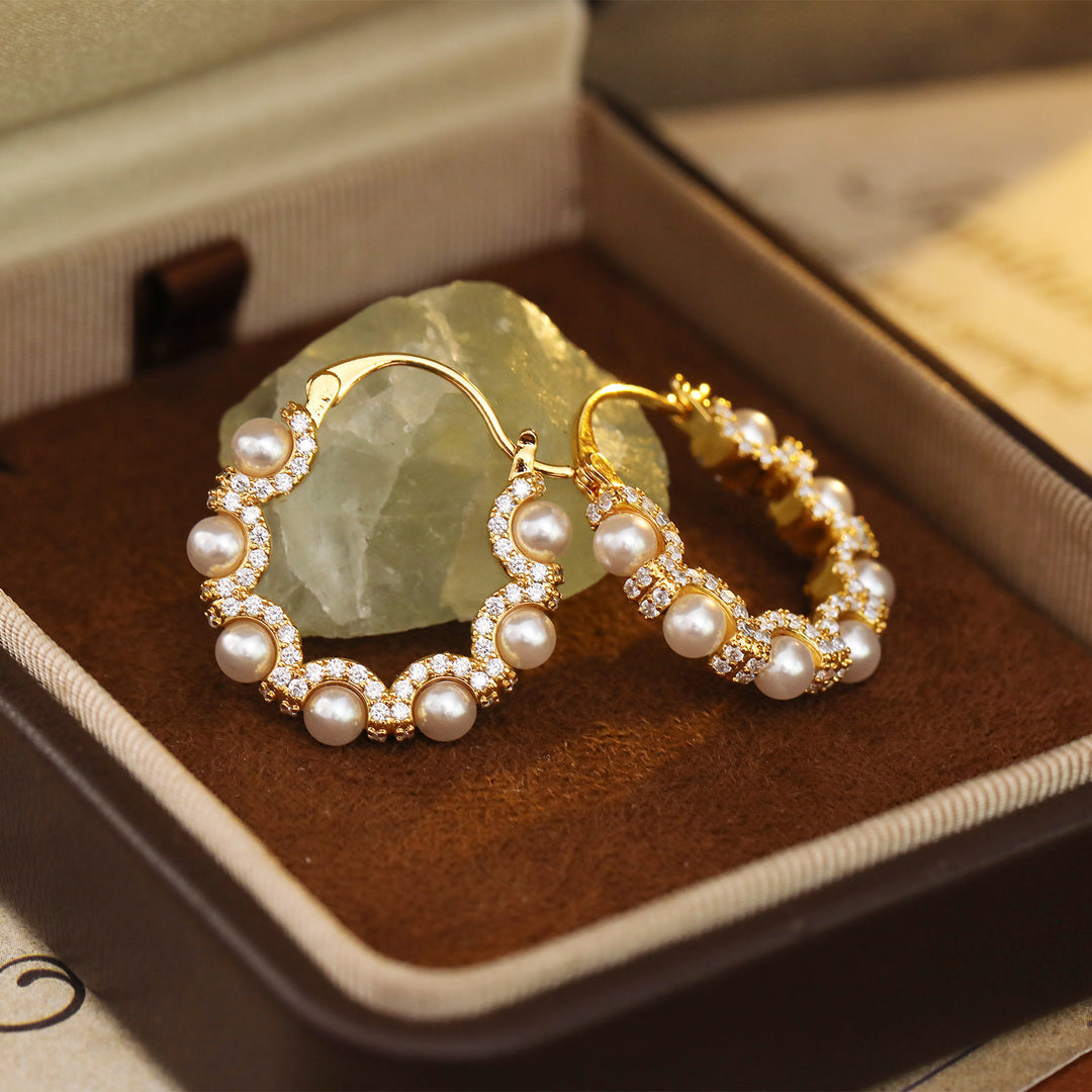 Pearl and Zircon Scalloped Hoop Earrings