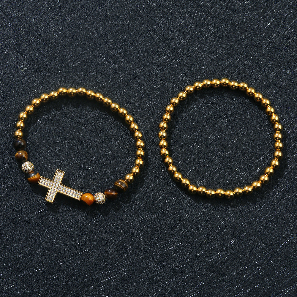 Cross Zircon Beaded Stretch Bracelet Set for Men