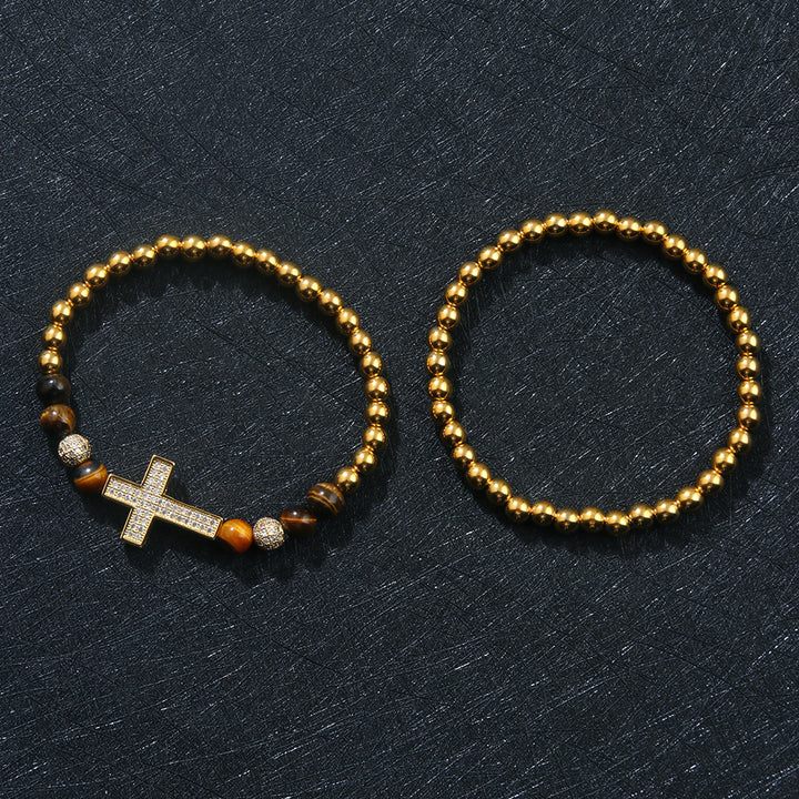 Cross Zircon Beaded Stretch Bracelet Set for Men