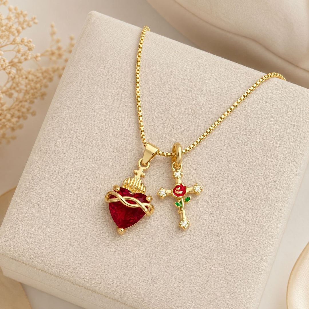 Sacred Heart Rose Cross Multi Charm Necklace