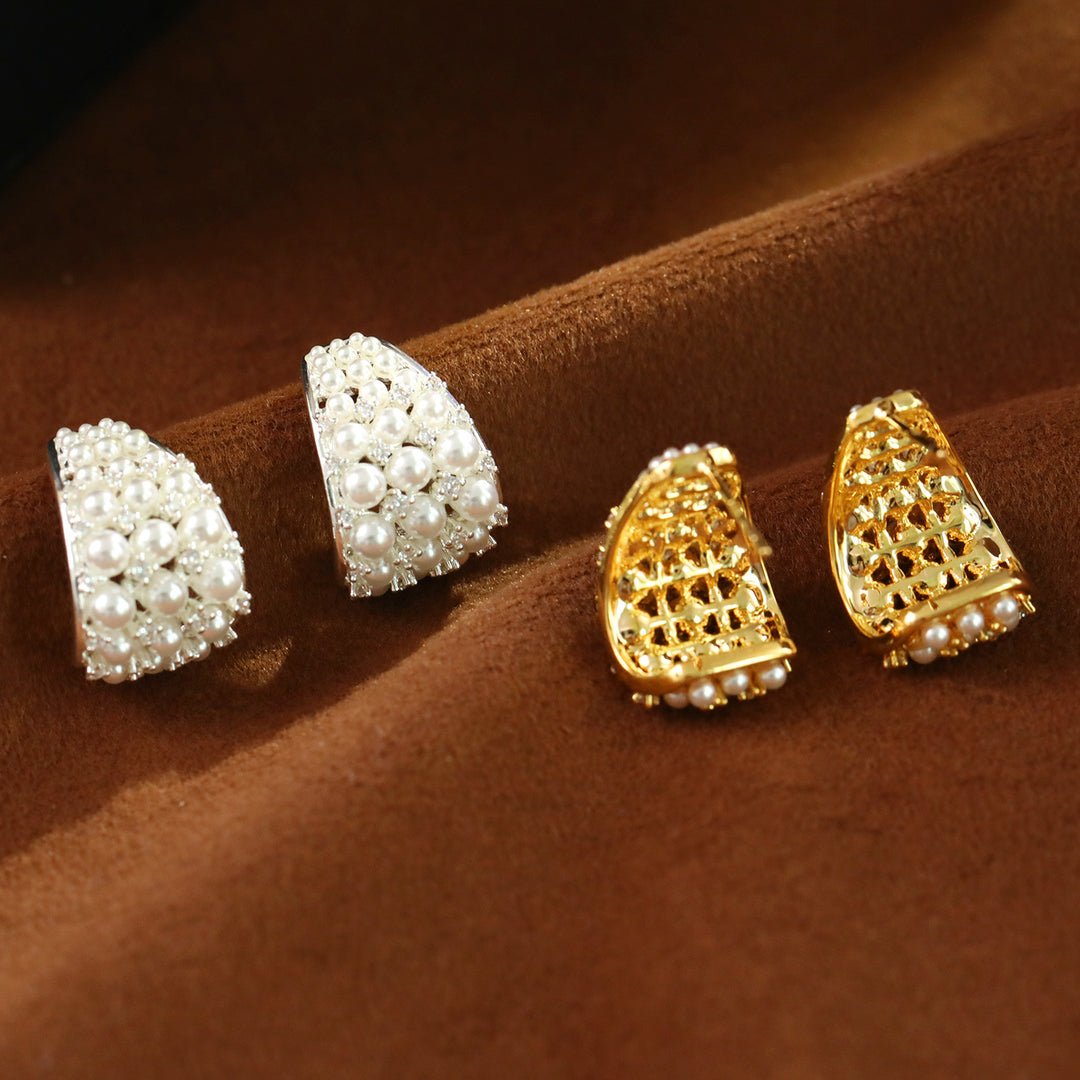 Pearl Cluster Curved Stud Earrings